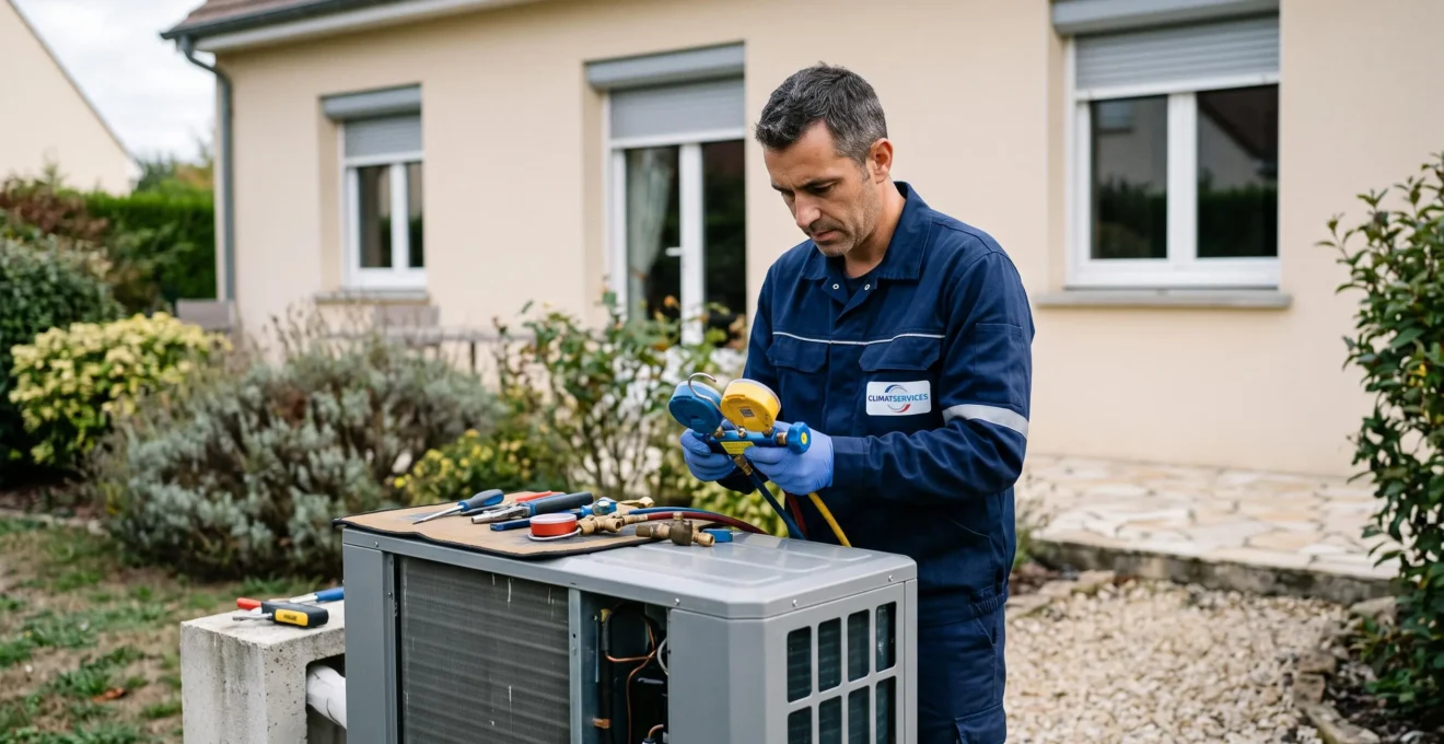 Technicien CVC en intervention de maintenance sur une pompe à chaleur résidentielle, mesurant les pressions du circuit frigorifique avec un manifold dans un jardin périurbain français