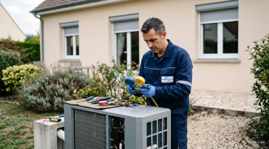 Technicien CVC en intervention de maintenance sur une pompe à chaleur résidentielle, mesurant les pressions du circuit frigorifique avec un manifold dans un jardin périurbain français