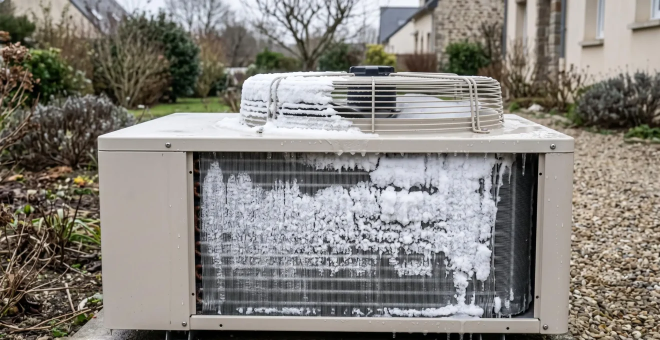 Unité extérieure de pompe à chaleur couverte de givre excessif en hiver, symptôme visuel d'un dysfonctionnement nécessitant diagnostic professionnel