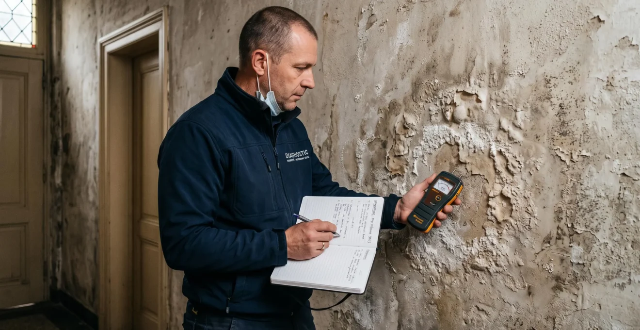 Technicien inspectant une paroi humide et consignnant des observations avant traitement