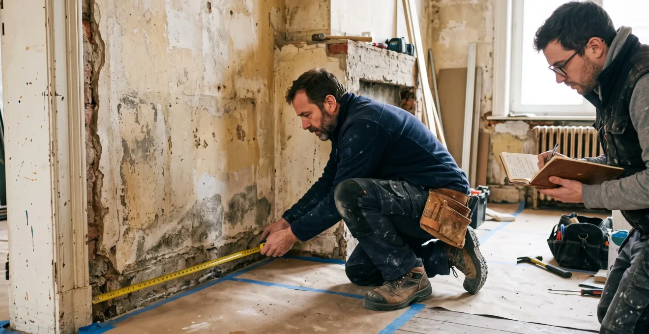 Artisan mesurant le pied d’un mur abîmé avant d’établir un devis de traitement
