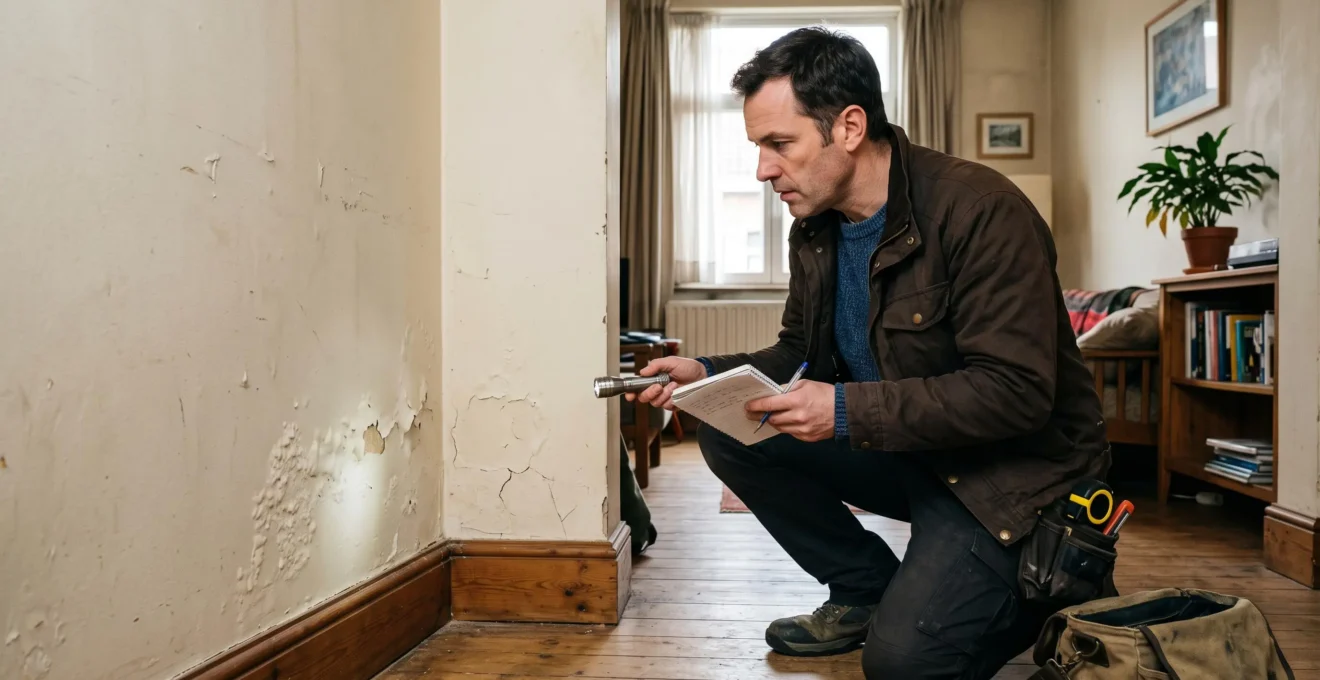 Angle de mur intérieur humide près d’une plinthe dans une maison belge, artisan examinant la zone